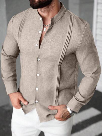 Manfinity CasualCool Chemise décontractée à manches longues avec col montant et boutons devant, couleur unie, en lin kaki tan, style Old Money, pour l'été, les fêtes, le quotidien, les loisirs, les mariages, cadeau pour petit ami, formelle