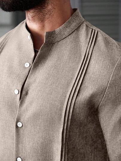 Manfinity CasualCool Chemise décontractée à manches longues avec col montant et boutons devant, couleur unie, en lin kaki tan, style Old Money, pour l'été, les fêtes, le quotidien, les loisirs, les mariages, cadeau pour petit ami, formelle