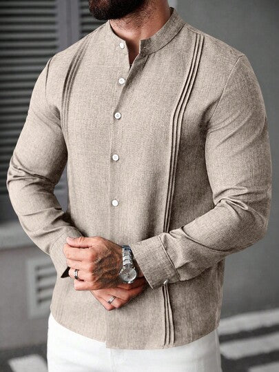 Manfinity CasualCool Chemise décontractée à manches longues avec col montant et boutons devant, couleur unie, en lin kaki tan, style Old Money, pour l'été, les fêtes, le quotidien, les loisirs, les mariages, cadeau pour petit ami, formelle
