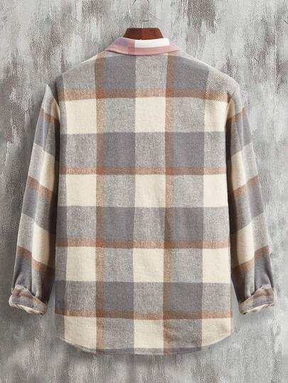 Manfinity Homme Veste à rabat imprimée à carreaux pour hommes sans t-shirt, veste décontractée à manches longues à imprimé à carreaux pour sortir, veste à carreaux légère, pour les amis, le mari, le petit ami, automne