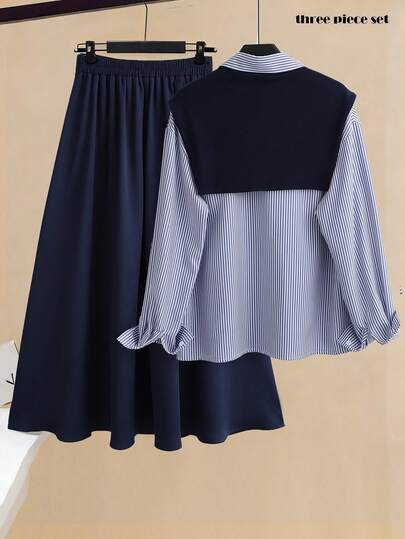Franclia Ensemble blouse et jupe décontracté rayé pour femme
