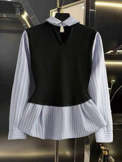 GlowEve Chemise femme à manches longues avec rayures bicolores, volants et boutons devant. Modèle 2 en 1