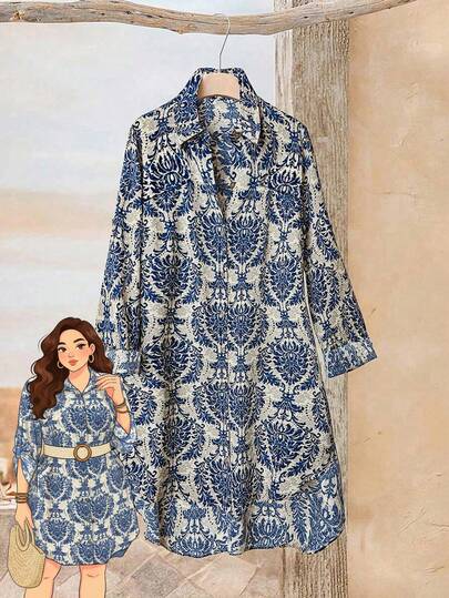 Rusticease Robe-chemise cardigan grande taille pour femme, style vintage bohème des années 1920, col à revers, manches longues, boutonnage devant, ourlet arrondi, bleu, pour vacances, fêtes, automne et hiver