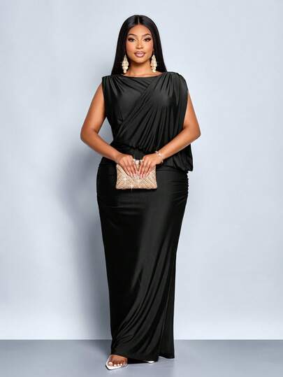 SOLERSUN Robe longue asymétrique en tricot brillant marron pour femmes grandes tailles, col asymétrique avec plis à l'épaule, taille froncée, fente latérale sexy, robe maxi avec sac à taille plissé. Robe de soirée de luxe pour les occasions, bal de promo,