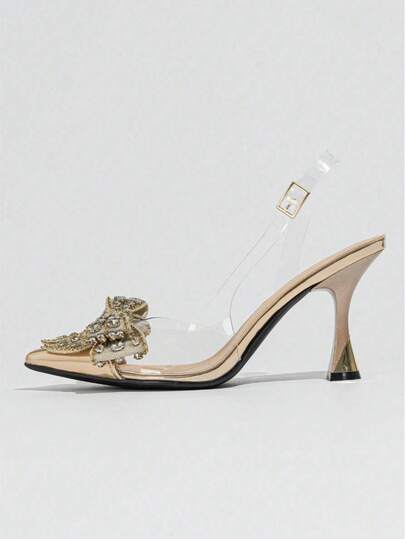 Chaussures à talons hauts à bout pointu avec nœud et décoration de strass, élégantes pour femmes. Convient pour les fêtes et les mariages, le printemps. Couleurs : or, rouge encore, formel