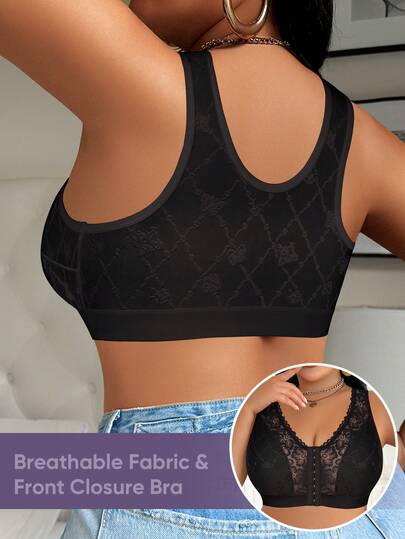 MEIYATING Soutien-gorge camisole ample pour femmes à fermeture frontale, en dentelle florale avec patchwork, bretelles ajourées, léger et respirant, soutien-gorge sans fil sexy, noir