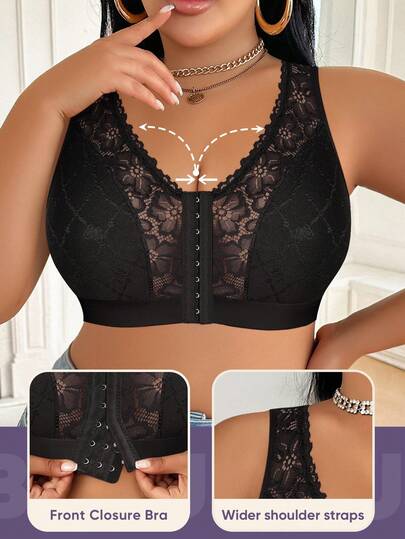 MEIYATING Soutien-gorge camisole ample pour femmes à fermeture frontale, en dentelle florale avec patchwork, bretelles ajourées, léger et respirant, soutien-gorge sans fil sexy, noir