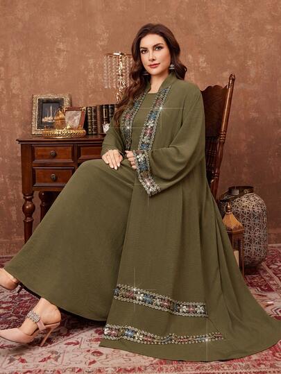 Al Najma Ensemble élégant robe longue à manches longues et sans manches avec design à franges pour femmes grandes tailles