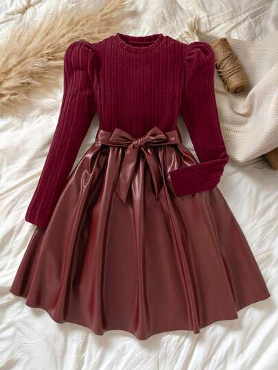 1 pièce Robe à col rond, manches longues, tricot côtelé, ourlet à patchwork floral, douce et féminine, automne