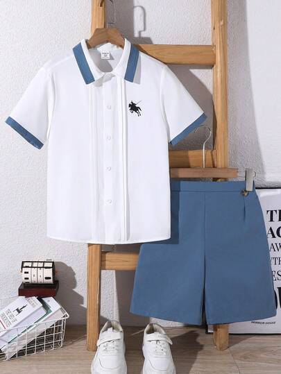 2 pièces Ensemble polo col ouvert à manches courtes et short pour garçons enfants/pré-adolescents, style décontracté de tous les jours, couleurs contrastées, coupe ample. Tenue de gentleman, convient pour le printemps/été, sorties, la Saint-Valentin, les