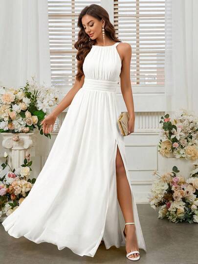 Belle Robe de demoiselle d'honneur fendue à la taille avec encolure ras-du-cou (adulte)