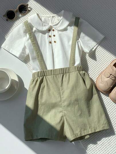 2 pièces Ensemble de chemise à col et short-culotte mignon pour jeunes garçons. Tenue de gentleman, convient pour anniversaire, soirée, représentation, mariage, printemps/été, usage quotidien, sport, extérieur, école, rassemblement, vacances, représentati