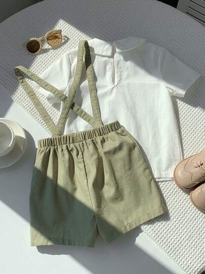 2 pièces Ensemble de chemise à col et short-culotte mignon pour jeunes garçons. Tenue de gentleman, convient pour anniversaire, soirée, représentation, mariage, printemps/été, usage quotidien, sport, extérieur, école, rassemblement, vacances, représentati