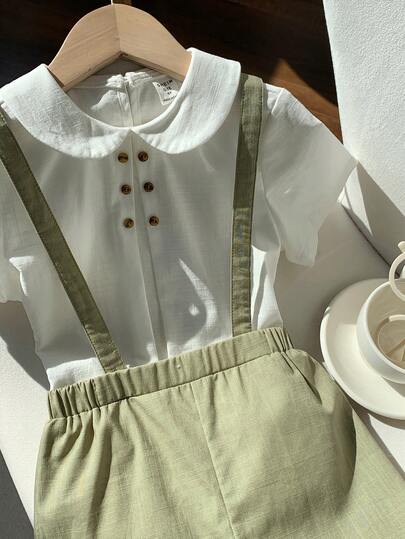 2 pièces Ensemble de chemise à col et short-culotte mignon pour jeunes garçons. Tenue de gentleman, convient pour anniversaire, soirée, représentation, mariage, printemps/été, usage quotidien, sport, extérieur, école, rassemblement, vacances, représentati
