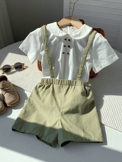 2 pièces Ensemble de chemise à col et short-culotte mignon pour jeunes garçons. Tenue de gentleman, convient pour anniversaire, soirée, représentation, mariage, printemps/été, usage quotidien, sport, extérieur, école, rassemblement, vacances, représentati