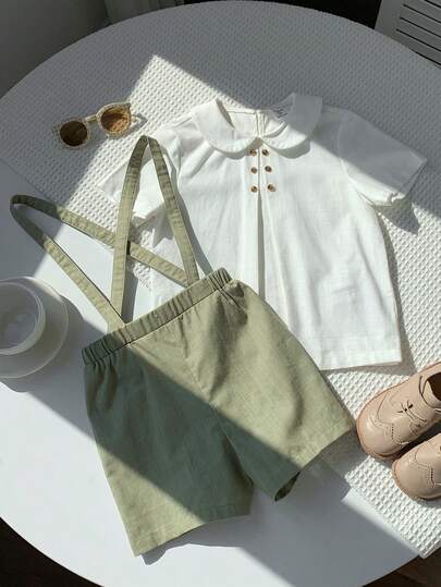 2 pièces Ensemble de chemise à col et short-culotte mignon pour jeunes garçons. Tenue de gentleman, convient pour anniversaire, soirée, représentation, mariage, printemps/été, usage quotidien, sport, extérieur, école, rassemblement, vacances, représentati