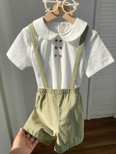 2 pièces Ensemble de chemise à col et short-culotte mignon pour jeunes garçons. Tenue de gentleman, convient pour anniversaire, soirée, représentation, mariage, printemps/été, usage quotidien, sport, extérieur, école, rassemblement, vacances, représentati