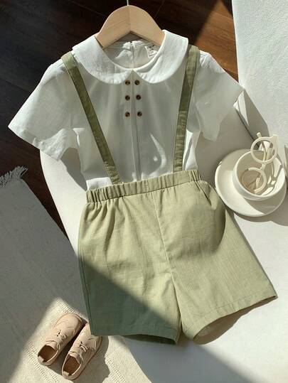 2 pièces Ensemble de chemise à col et short-culotte mignon pour jeunes garçons. Tenue de gentleman, convient pour anniversaire, soirée, représentation, mariage, printemps/été, usage quotidien, sport, extérieur, école, rassemblement, vacances, représentati