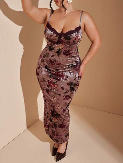 BAE Robe moulante à bretelles fines en velours avec imprimé floral pour femmes grandes tailles