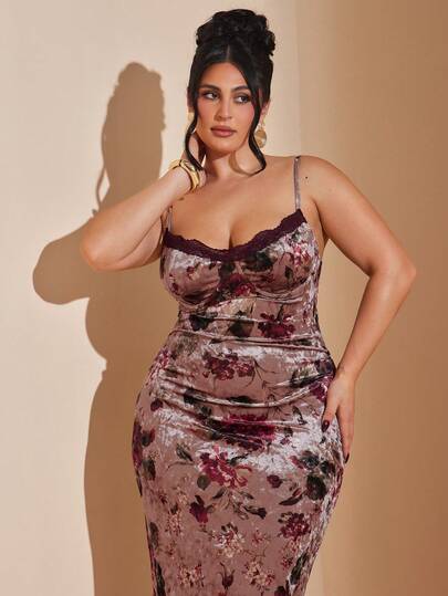 BAE Robe moulante à bretelles fines en velours avec imprimé floral pour femmes grandes tailles