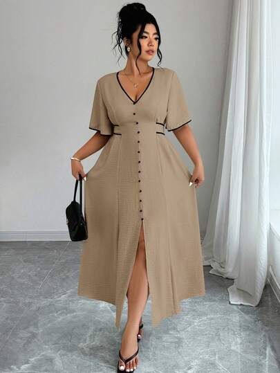 Elenzga Robe grande taille à manches courtes, col V fendue et blocs de couleurs