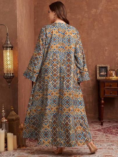 Al Najma Tunique longue rétro imprimée et brodée pour femmes grandes tailles, style traditionnel turc et arabe. Convient pour toutes les occasions au printemps et à l'automne