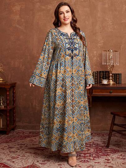 Al Najma Tunique longue rétro imprimée et brodée pour femmes grandes tailles, style traditionnel turc et arabe. Convient pour toutes les occasions au printemps et à l'automne