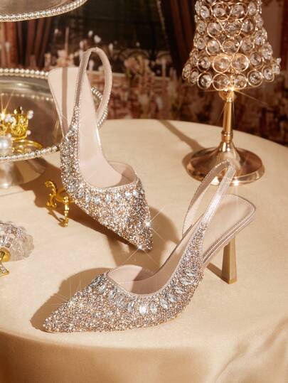 CUCCOO TILAWA Escarpins à talons hauts pour femmes, couleur champagne, ornés de strass, bout pointu, pour soirée et mariage