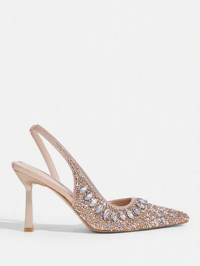 CUCCOO TILAWA Escarpins à talons hauts pour femmes, couleur champagne, ornés de strass, bout pointu, pour soirée et mariage