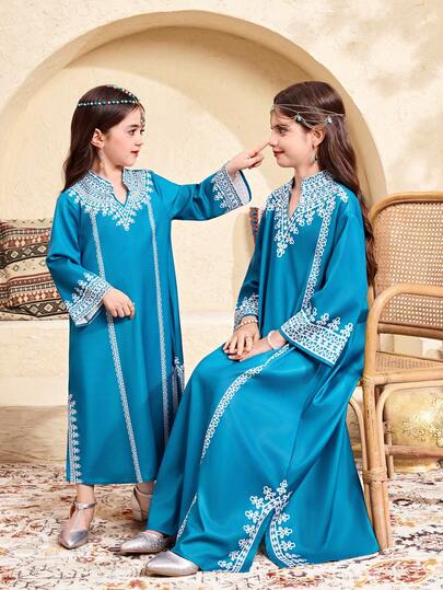 Robe ample à manches 3/4 avec ourlet fendu, imprimé rétro pour préadolescentes, bleu et vert