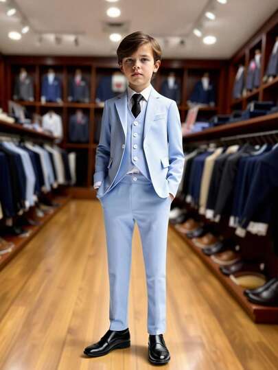 4 pièces Ensemble costume bleu pour garçons : veste à manches longues + gilet + cravate + pantalon, tenue de cérémonie décontractée convenant pour récital de piano/violon, remise de diplôme, mariage, anniversaire, soirée, représentation, réception, saison