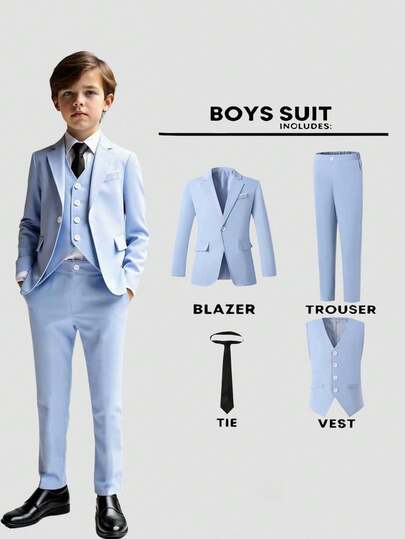 4 pièces Ensemble costume bleu pour garçons : veste à manches longues + gilet + cravate + pantalon, tenue de cérémonie décontractée convenant pour récital de piano/violon, remise de diplôme, mariage, anniversaire, soirée, représentation, réception, saison