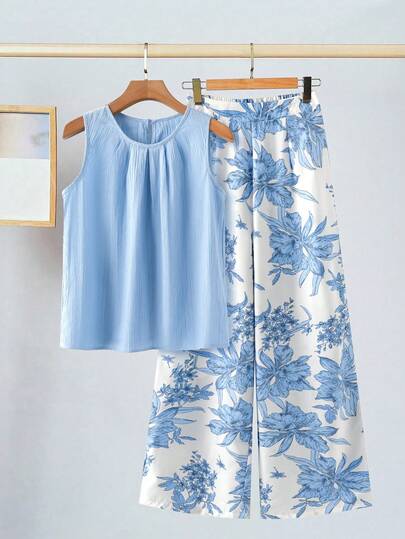 Clasi Femmes Pantalon à jambes larges plissé à imprimé floral bleu, col rond sans manches ample. Ensemble élégant et décontracté pour les sorties et les vacances. Ensembles femme d'été 2 pièces, tenues d'été décontractées pour femmes, tenues de vacances