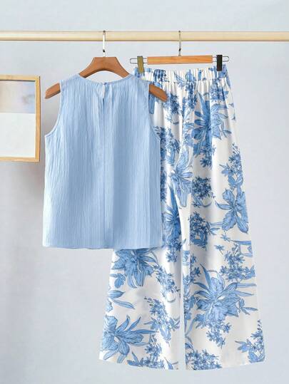 Clasi Femmes Pantalon à jambes larges plissé à imprimé floral bleu, col rond sans manches ample. Ensemble élégant et décontracté pour les sorties et les vacances. Ensembles femme d'été 2 pièces, tenues d'été décontractées pour femmes, tenues de vacances