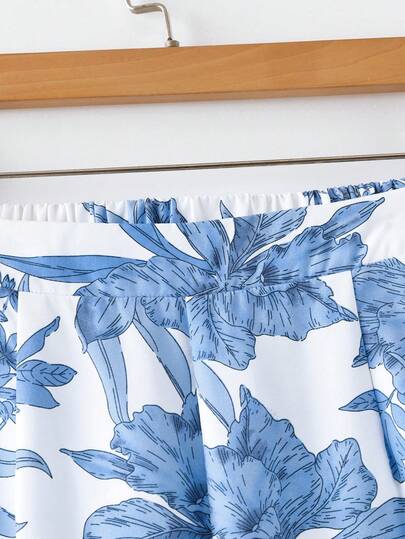 Clasi Femmes Pantalon à jambes larges plissé à imprimé floral bleu, col rond sans manches ample. Ensemble élégant et décontracté pour les sorties et les vacances. Ensembles femme d'été 2 pièces, tenues d'été décontractées pour femmes, tenues de vacances