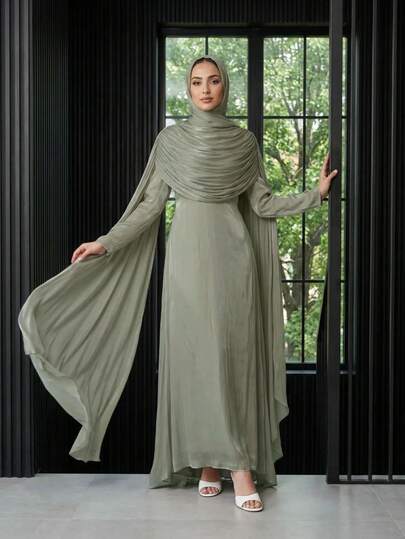 1 pièce (Excluant le foulard) Abaya plissée élégante, luxueuse & à la mode pour l'automne