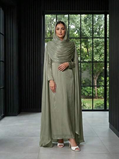 1 pièce (Excluant le foulard) Abaya plissée élégante, luxueuse & à la mode pour l'automne