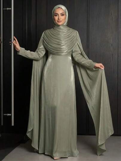 1 pièce (Excluant le foulard) Abaya plissée élégante, luxueuse & à la mode pour l'automne
