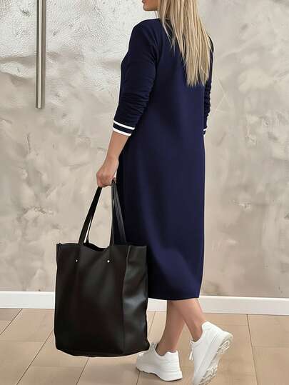 Robe décontractée ample à col V et manches longues, ourlet fendu pour femmes grandes tailles, élégante pour l'automne/le printemps