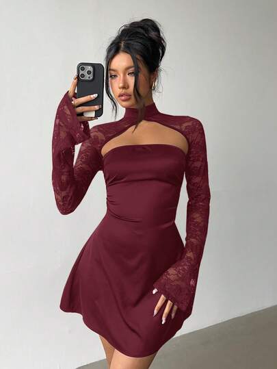 Aloruh Robe mini et élégante pour femmes, en dentelle avec patchwork, style moulant pour soirée ou rendez-vous, couleur rouge vin