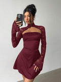 Aloruh Robe mini et élégante pour femmes, en dentelle avec patchwork, style moulant pour soirée ou rendez-vous, couleur rouge vin