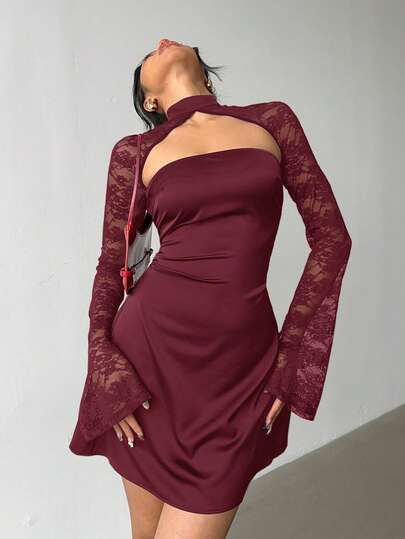 Aloruh Robe mini et élégante pour femmes, en dentelle avec patchwork, style moulant pour soirée ou rendez-vous, couleur rouge vin