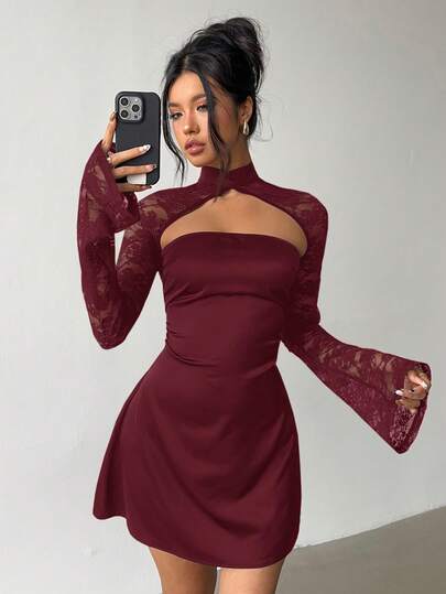 Aloruh Robe mini et élégante pour femmes, en dentelle avec patchwork, style moulant pour soirée ou rendez-vous, couleur rouge vin
