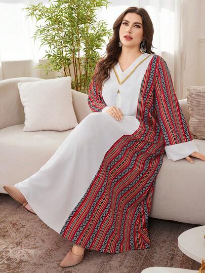 Al Najma Robe ample pour femmes de grande taille, style arabe, avec imprimé patchwork, perles et décorations à franges