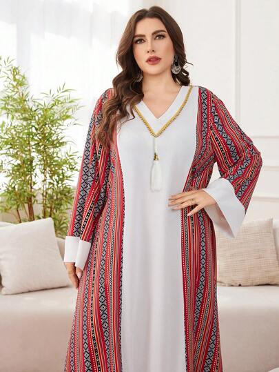 Al Najma Robe ample pour femmes de grande taille, style arabe, avec imprimé patchwork, perles et décorations à franges