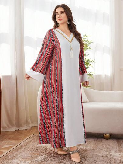 Al Najma Robe ample pour femmes de grande taille, style arabe, avec imprimé patchwork, perles et décorations à franges
