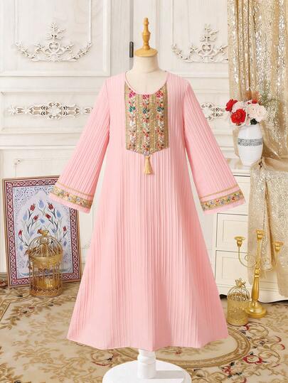 Robe longue pour préadolescentes, rose doux, automne, élégante, assortie en famille, bordure en dentelle dorée & paillettes, pendentifs à franges, tissu drapé confortable robe rose
