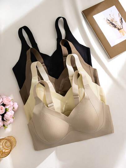NudeFit 4 pièces Soutien-gorge grande taille sans couture, confortable, en tissu côtelé avec bretelles larges