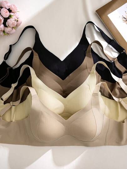 NudeFit 4 pièces Soutien-gorge grande taille sans couture, confortable, en tissu côtelé avec bretelles larges