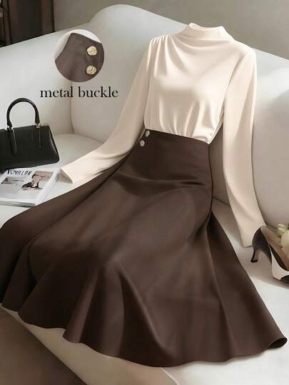 Franclia Ensemble élégant 2 pièces marron et crème pour femmes, Top en tricot plissé à manches longues & jupe taille haute pour tea party automne-hiver, tenue polyvalente décontractée pour le printemps et les trajets quotidiens